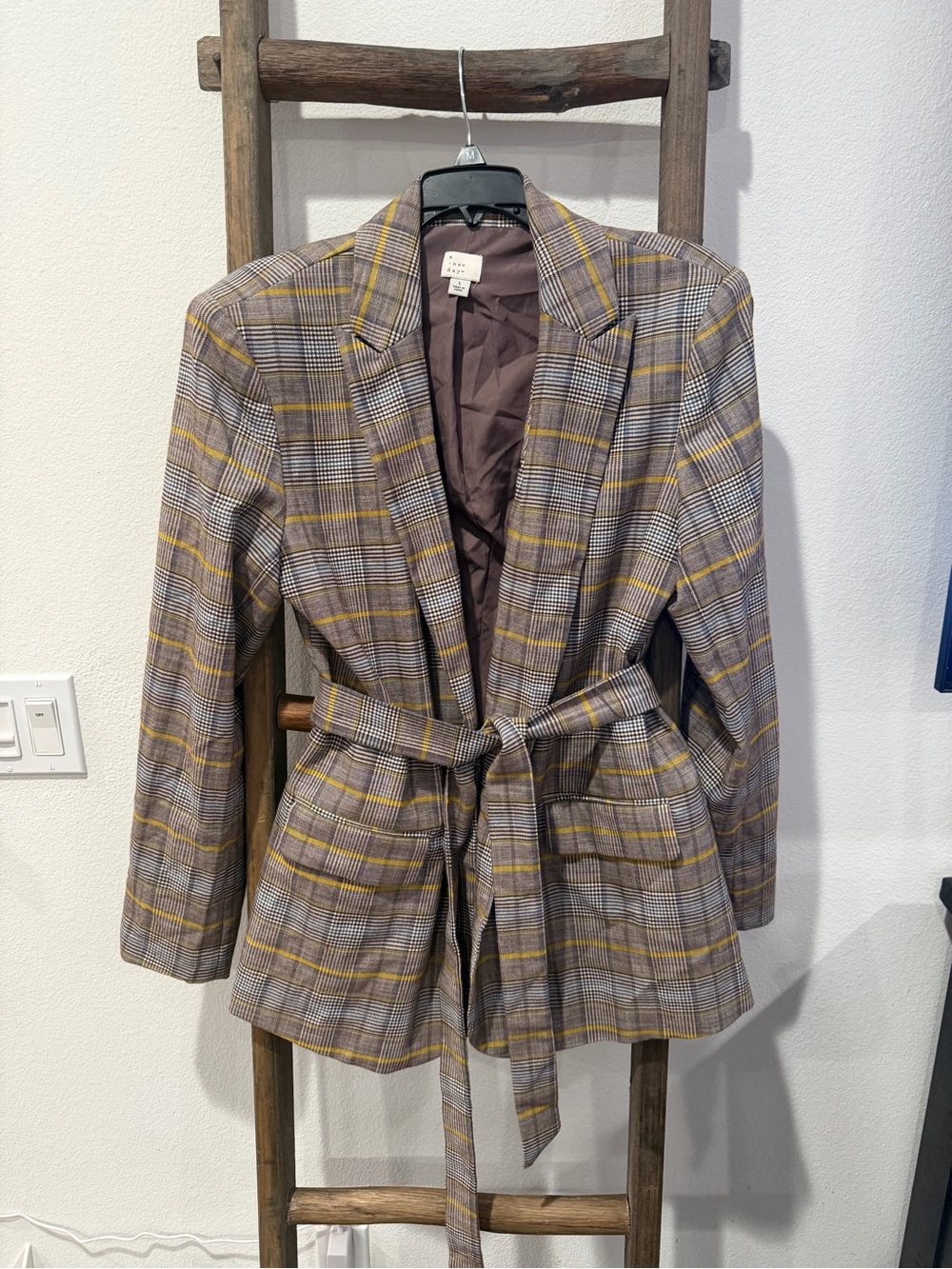a new day Plaid Belted Blazer Jacket in Gray with Yellow Stripes